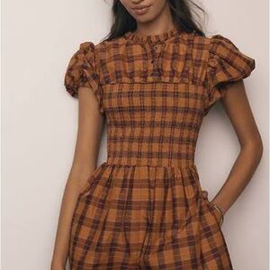 Anthropologie Plaid Jumpsuit in Brown and Orange